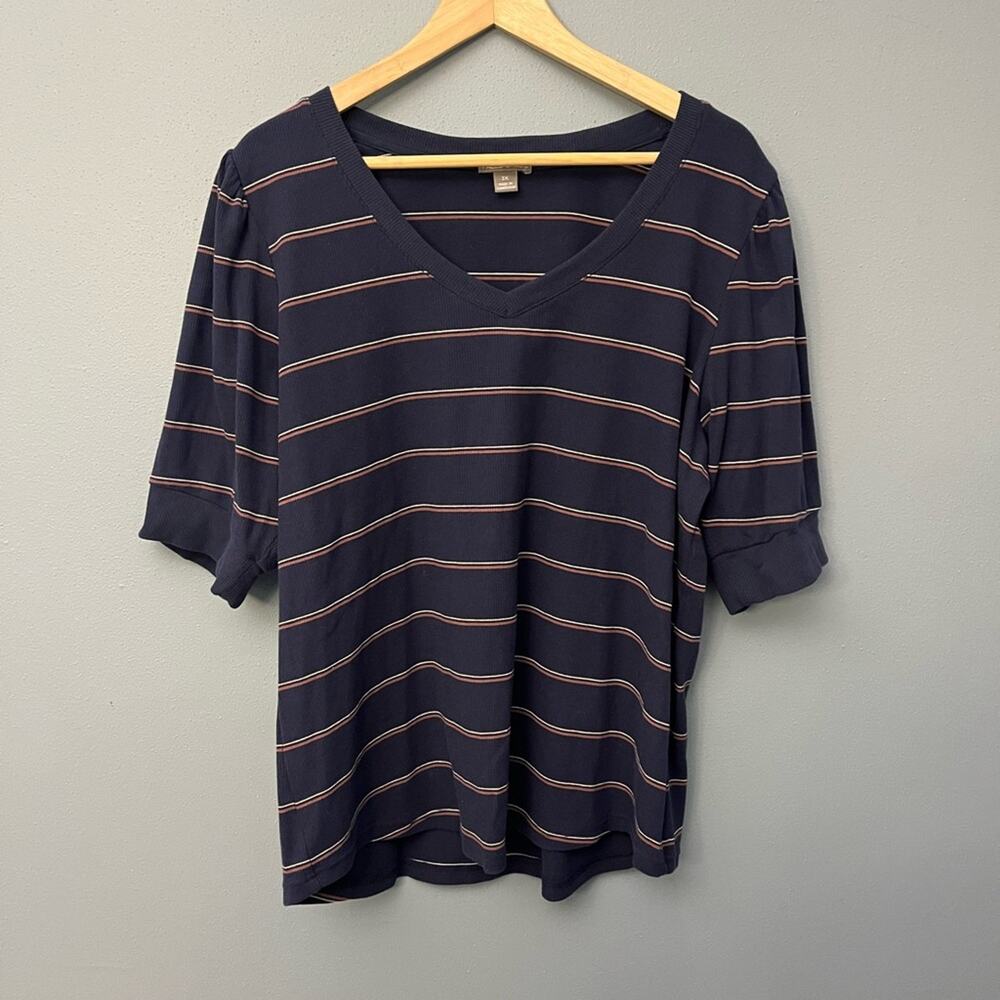 Falls Creek Navy and Orange Striped V-Neck Tee